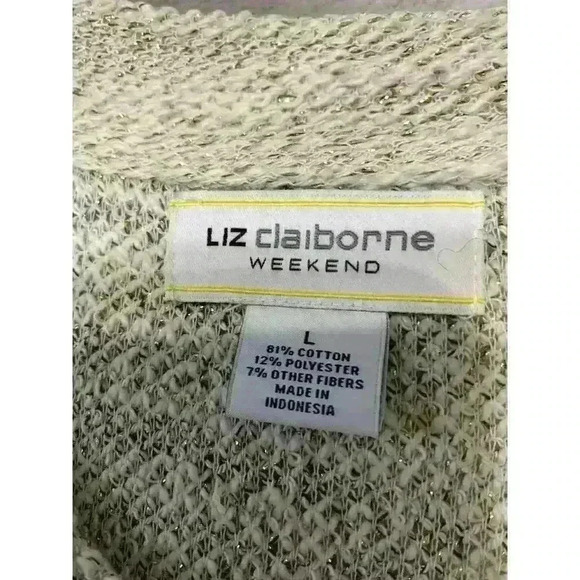 Liz Clairborne Sweater Large Gold Metallic Open Knit Kangaroo Pocket Pullover - Picture 5 of 10